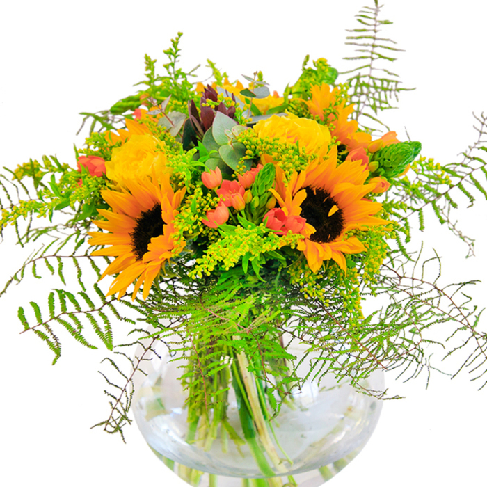What immediately captivates in this Roehampton-designed bouquet is its pure luminescence-a celebration of bright yellow sunflowers and golden roses arranged in a lush, vibrant display. The sunflowers lead with their generous faces turned outward, petals gleaming with a sunlit intensity, evoking memories of walks through Richmond Park on summer afternoons. Interlaced among them, buttery yellow garden roses offer textured sophistication, each bloom wrapped in elegant layers. Bright red hypericum berries hide in clusters amongst the greenery, their round, mirror-like surfaces sparkling alongside fronds of cascading ferns and threads of soft golden filler-an echo of the untamed verges along Roehampton's edges. Slender eucalyptus leaves, dusted with blue-green, bring contrast and lift. The transparent, fishbowl-shaped vase presents the natural interplay of stems and water, providing a modern touch and a sense of unfiltered freshness. Close inspection reveals a delightful tangle of forms and fragrances-soft, unfolding petals, the glossy snap of berries, and the uplifting aroma of the countryside. This arrangement is perfect for joyous Roehampton celebrations, making every occasion feel more radiant and heartfelt with a floral tribute to local charm.